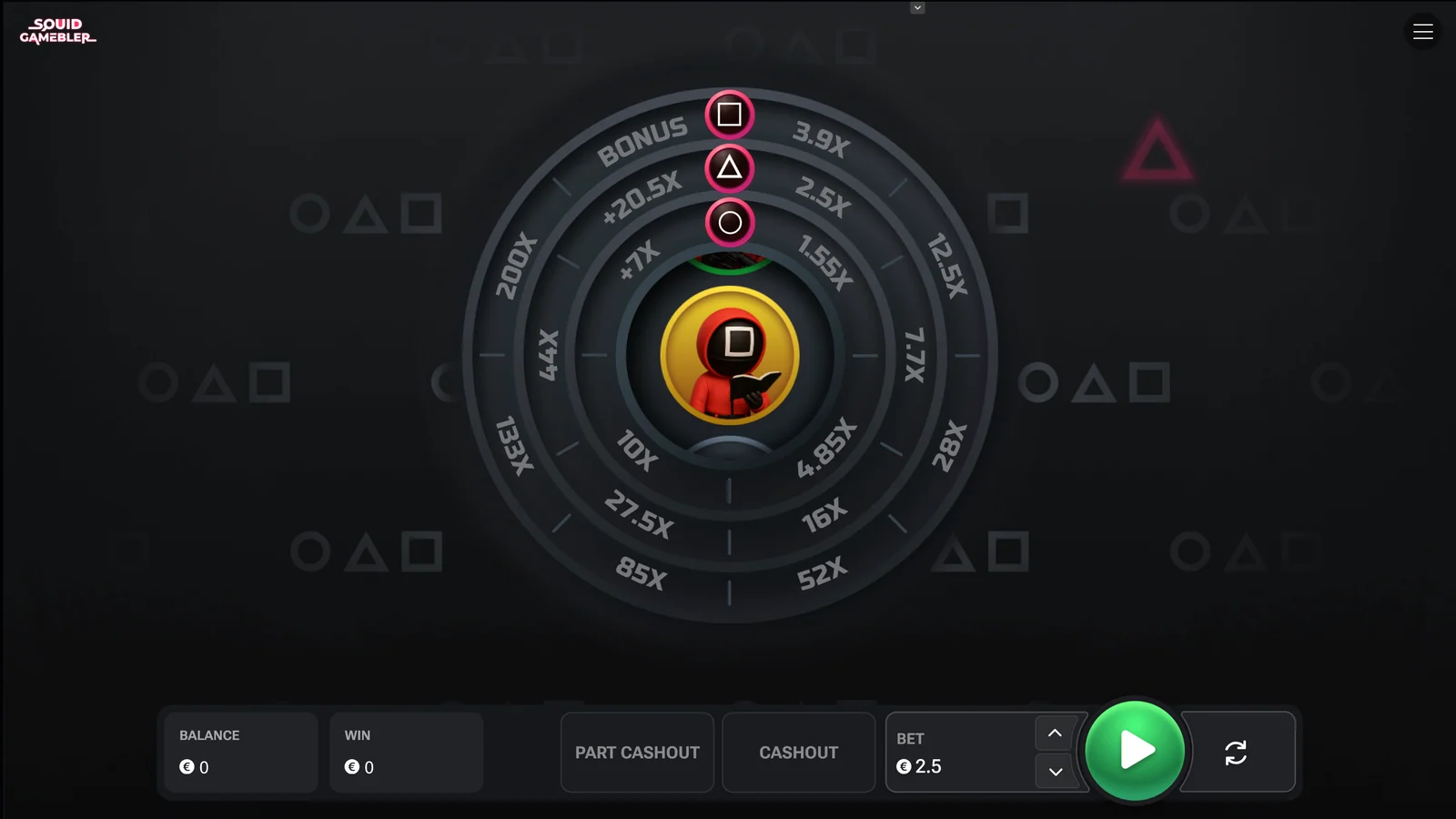 Squid Gamebler interface de jeu officielle avec trois pistes multiplicateurs